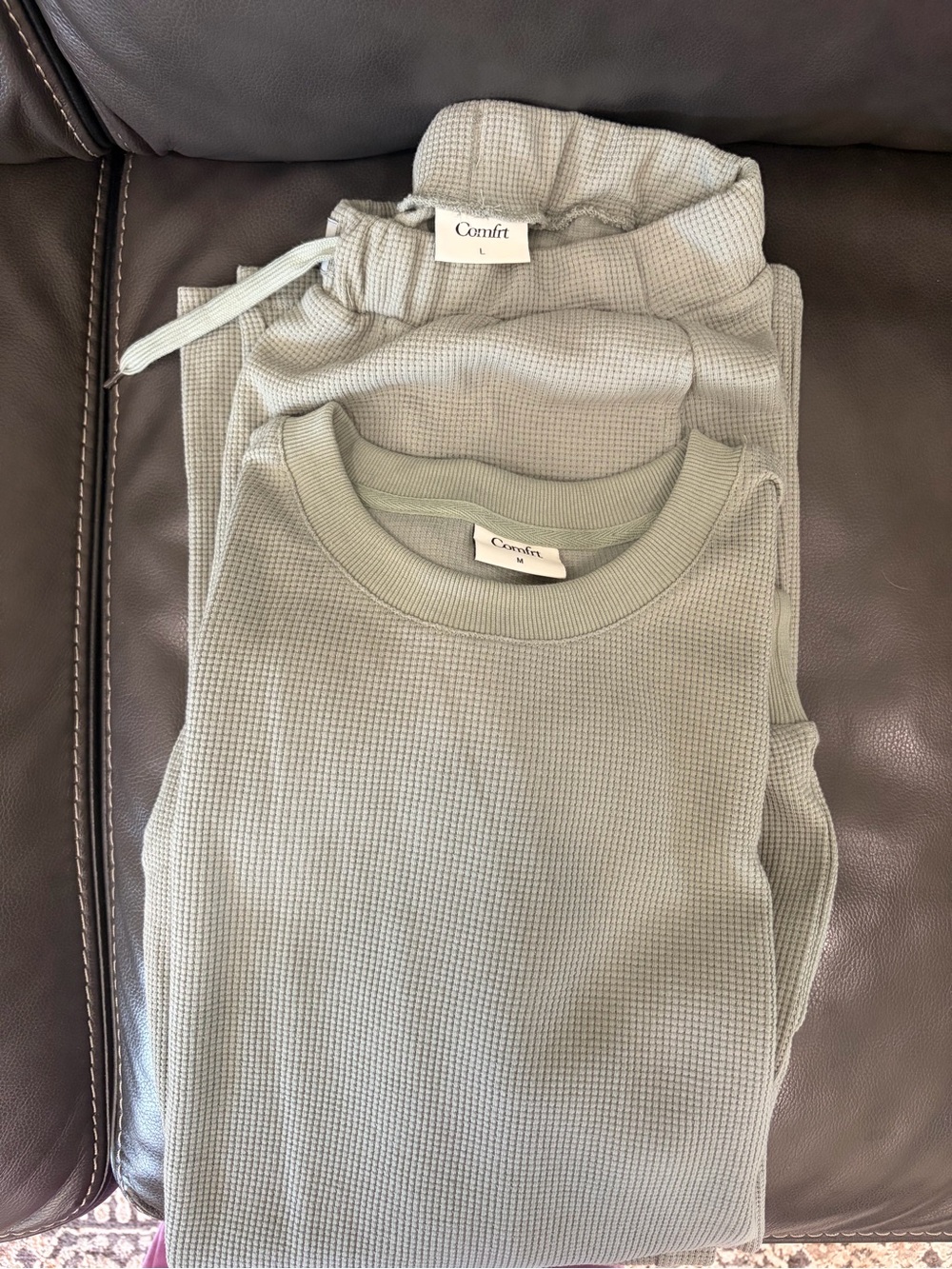 Comfort Waffle Knit Top & Pants - Sage Green - M TOP L PANTS